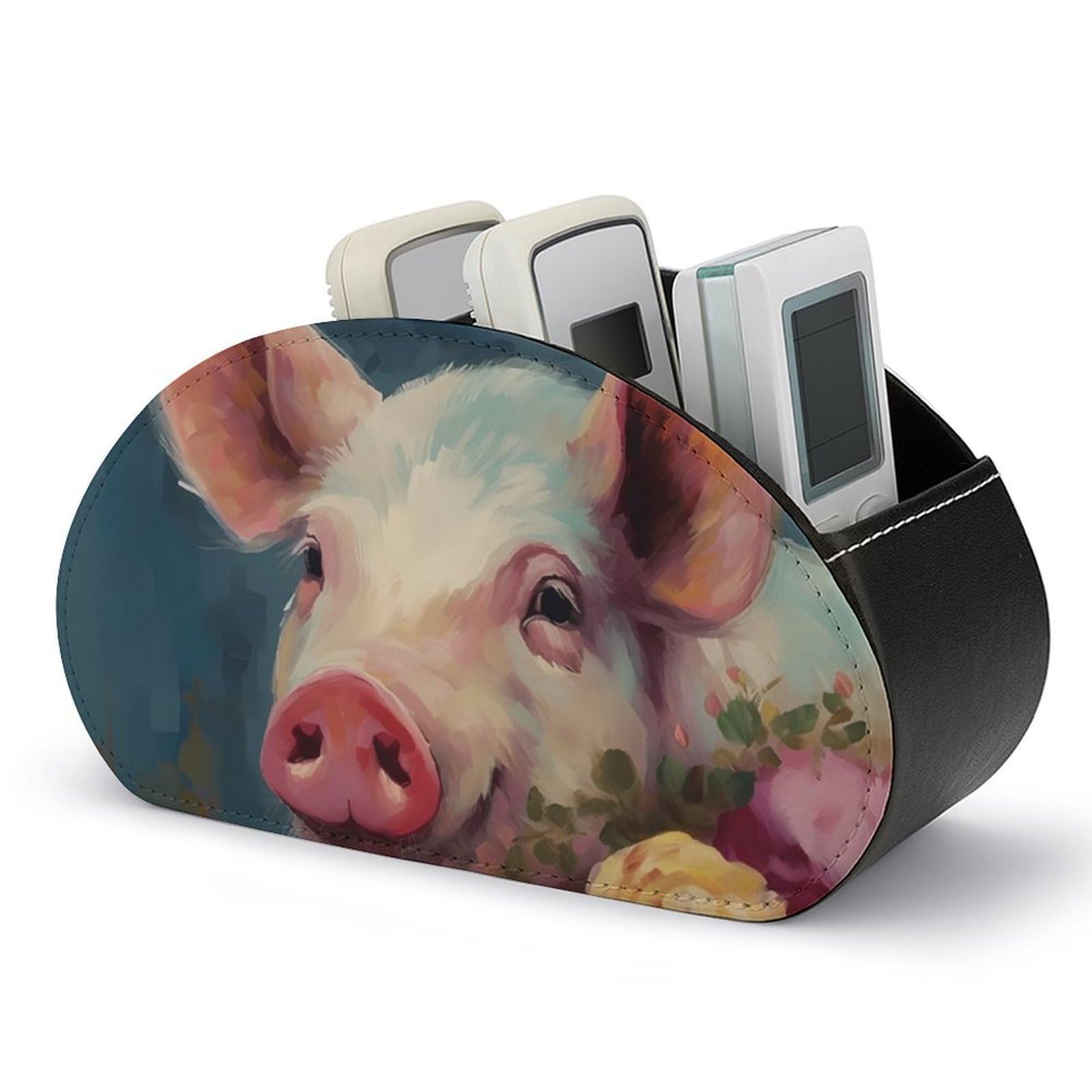 NTVOWPZO Painting Flower Pigs Remote Control Holder with 5 Compartment Organizer Box, Leather TV Remote Holder Organizer Caddy for Table, PU Leather Remote Box for Nightstand Office Desk Storage Box