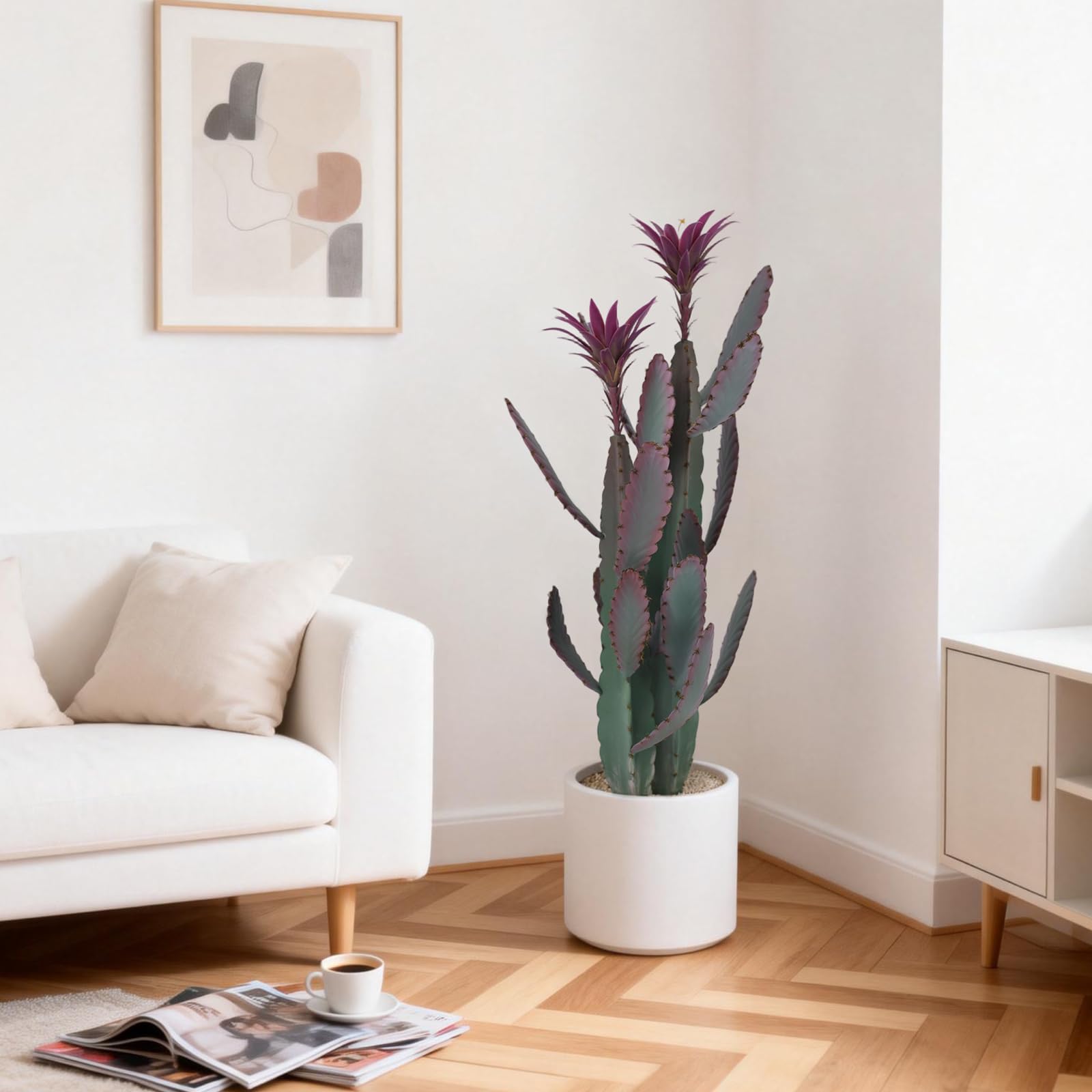 GarveeHome Künstliche Kaktus im Topf 96 x 22cm, Kunstpflanze Kaktus mit Stein und Lila Blume, Dekorative Wüstenkakteen, Sukkulenten Aus Kunststoff Pflanzen für Büro Wohnzimmer Hausdekoration