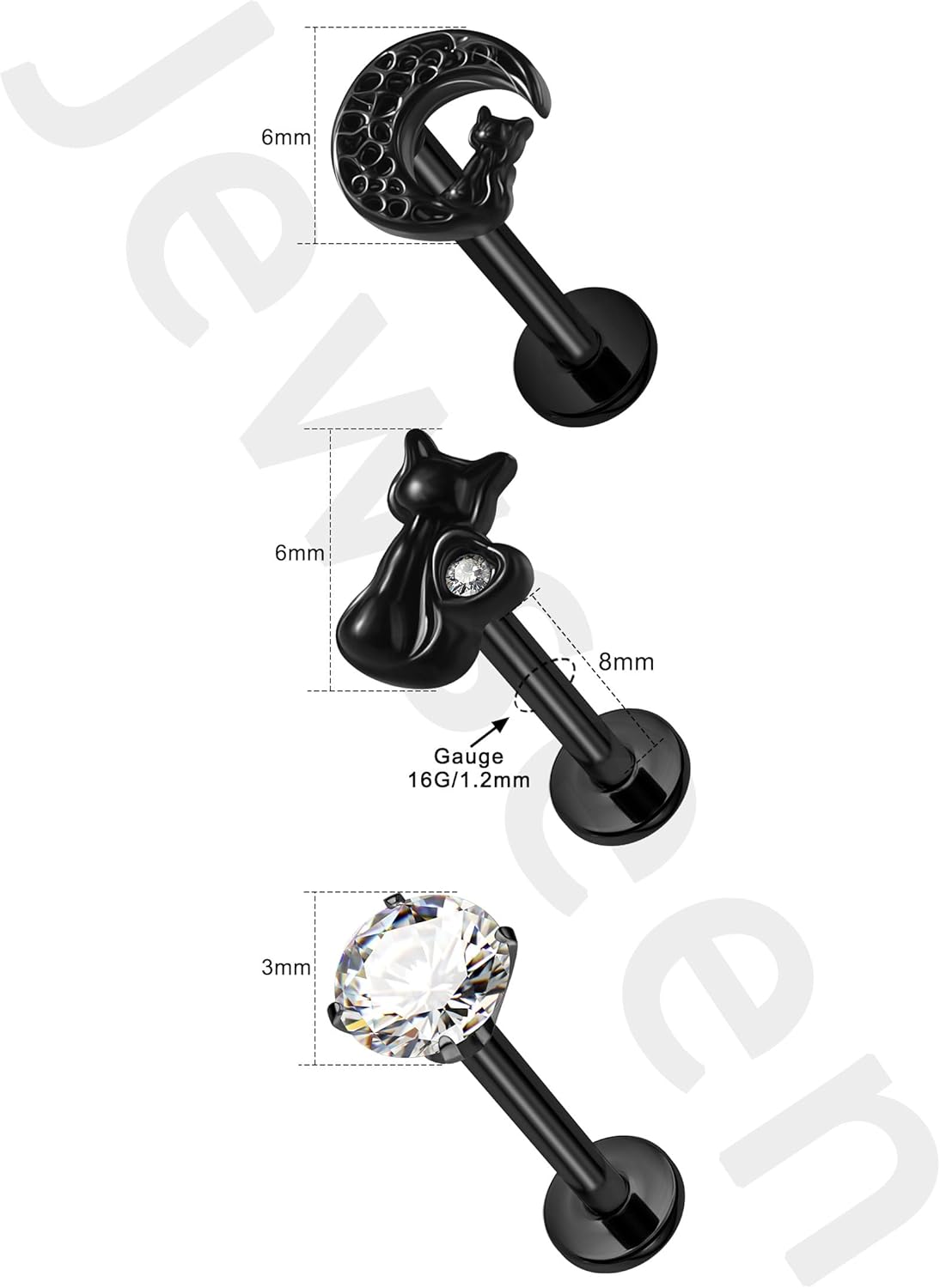 Jewseen 16G Halloween Internally Threaded Tragus Earrings Set Halloween Helix Piercing Jewelry Black Flat Back Earrings Cartilage Lip Nose Stud for Women Men - Image 6