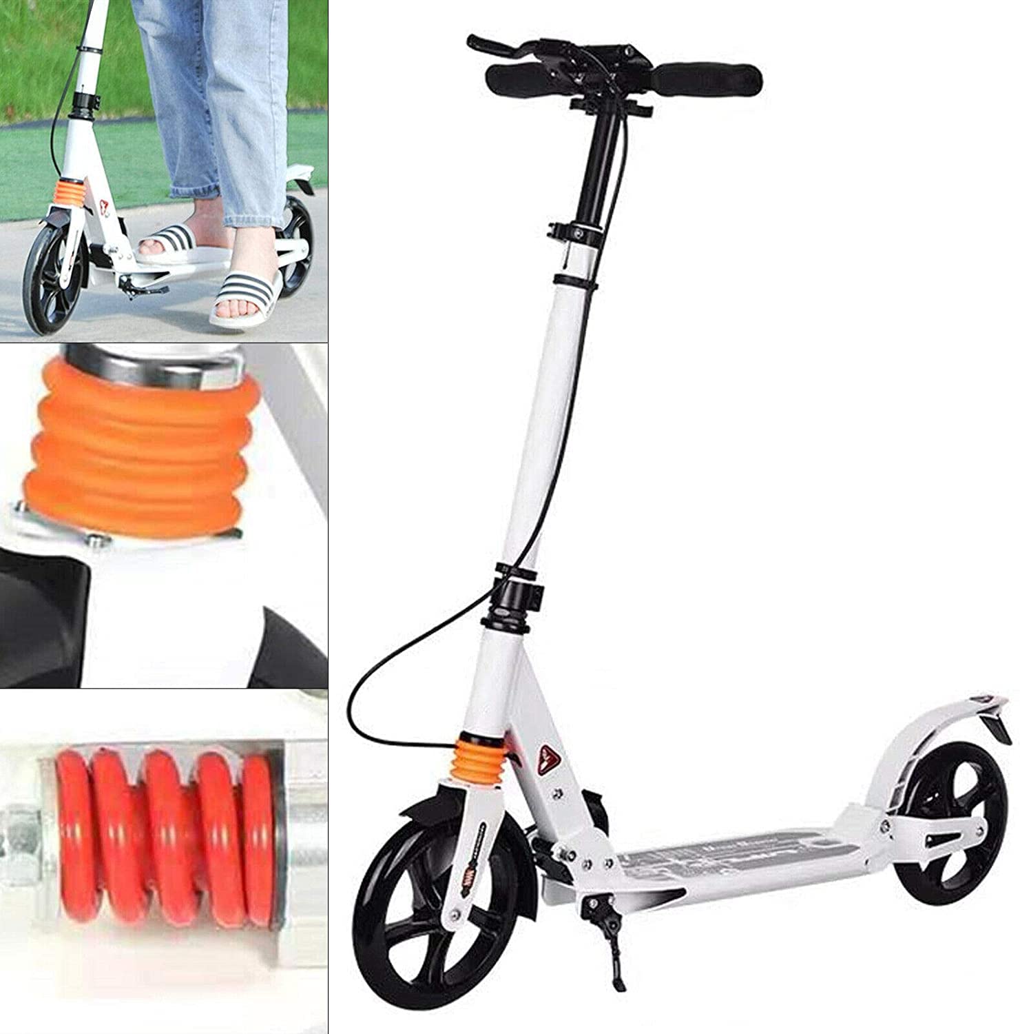Trottinette Adulte 200 Mm Big Wheel Pour Adolescents, Pliable Et Réglable En Hauteur, Avec Frein à Disque, Jusqu'à 120 Kg (blanc