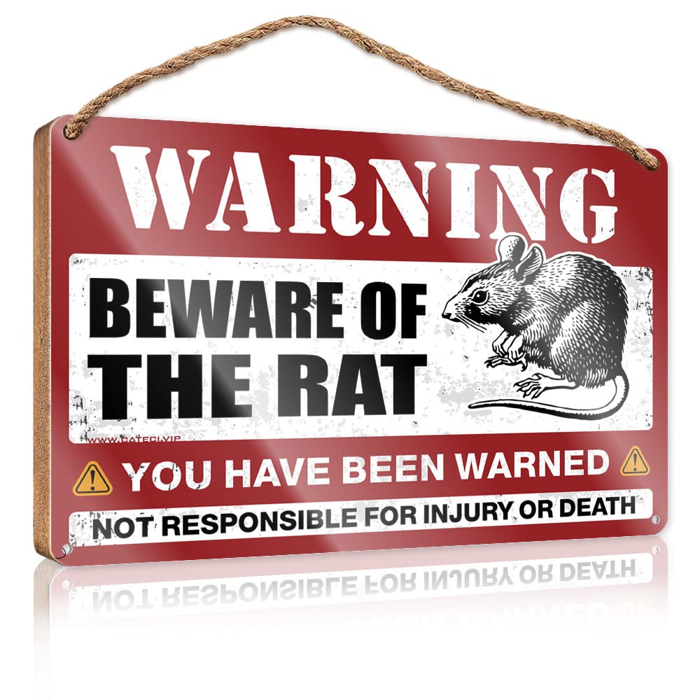 HELIOFORGE Porch Signs And Decor Outdoor Beware Of Rat Wooden Sign(23X35CM)