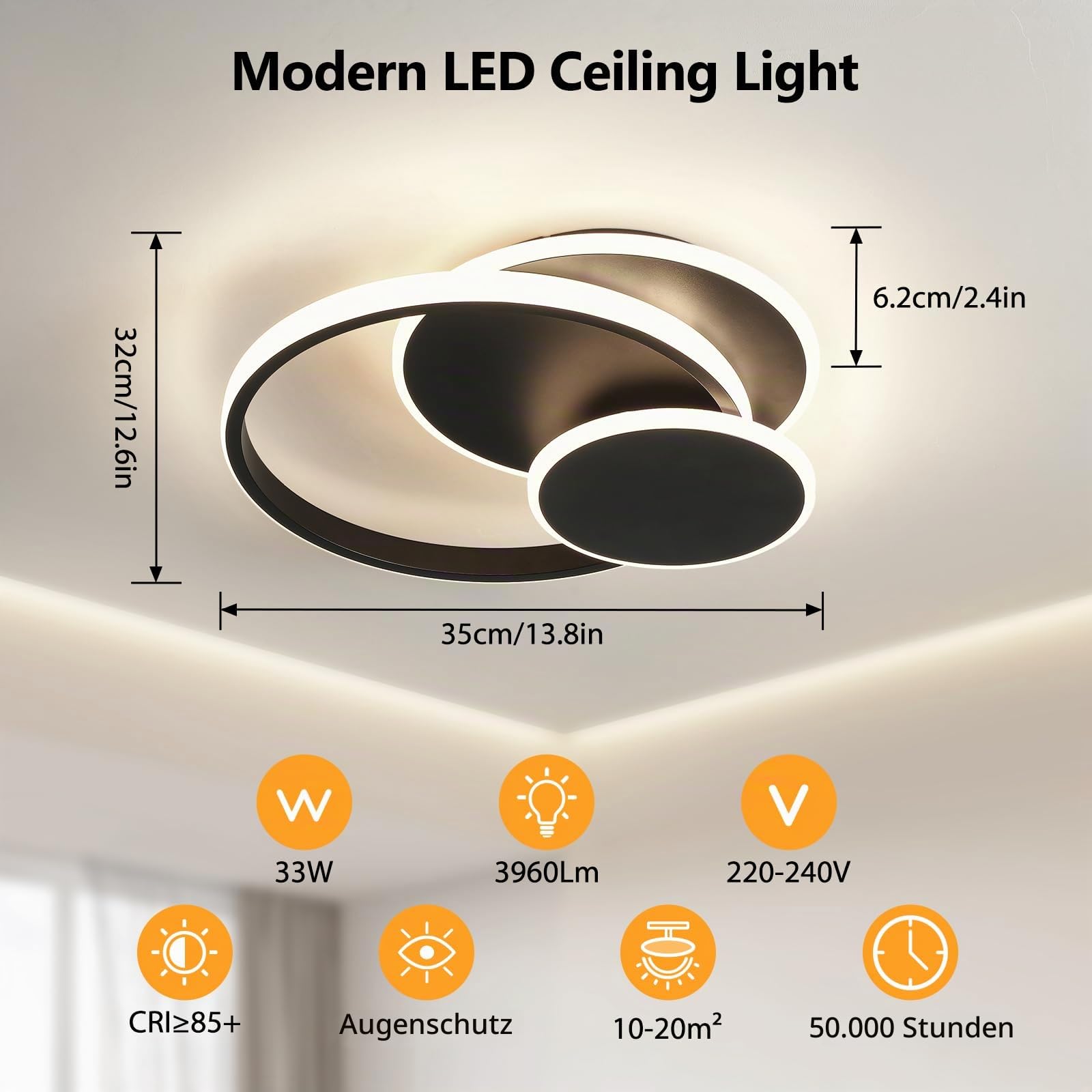 LED Deckenleuchte Wohnzimmer Deckenlampe, 33W Deckenleuchte Moderne mit Fernbedienung Dimmbar,3000K-6500K 3 Ring-Design Aluminium Led Deckenlampe für Wohnzimmer Schlafzimmer Küche,Schwarz,35*32*6.5cm
