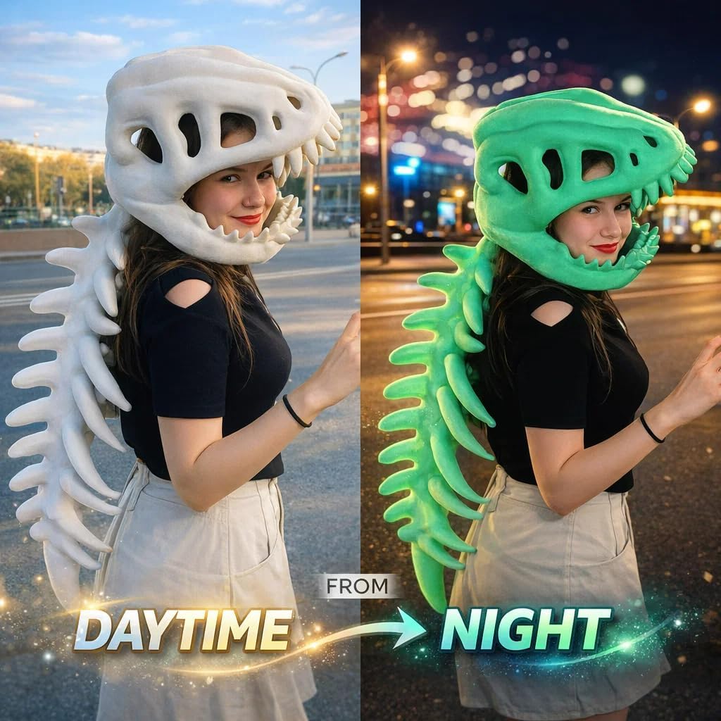 Dinosaur Fossil Costume Regular/Glow in Dark, 30/45in Realistic Skeleton Costume Set with Dino Head Mask & Plush Spine Bone
