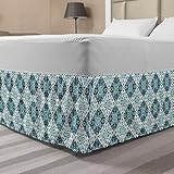 Ambesonne Moroccan Bedskirt, Traditional Folkloric Flower Ornaments in Squares Detailed Art, Bedroom Decor Wrap Around Elastic Bed Skirt Gathered Design, Queen, Teal Mustard