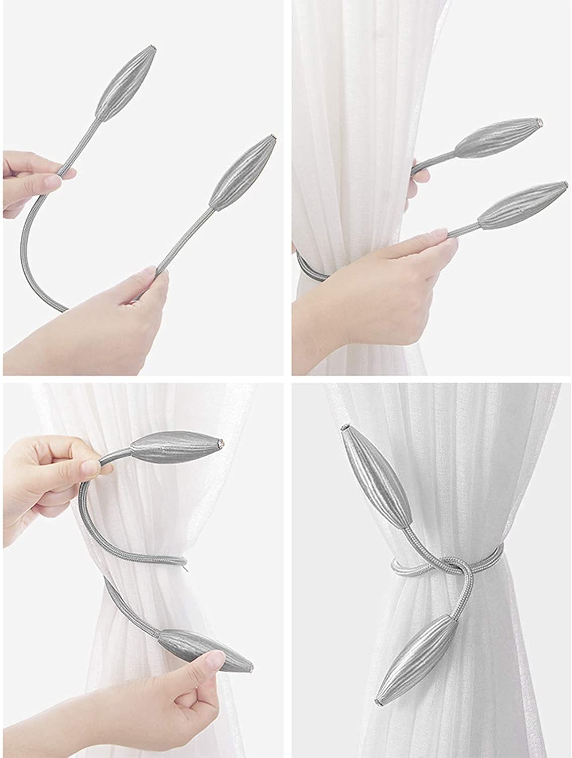 Fenstervorhang-Raffhalter-Clips, 4er-Pack Gardinen-Krawatten-Clips, kompakte geflochtene Seile, Starke Magnetbänder, geeignet für Zuhause