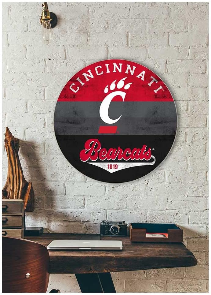 KH Sports Fan Cincinnati Bearcats Multi-Color Retro Circle Sign, 20x20 Inches, Bearcats Decor for Dorm Room, Bedroom, Fan Cave, Living Room; Display Your Team Spirit with This Unique Cincinnati Bearcats Wall Art