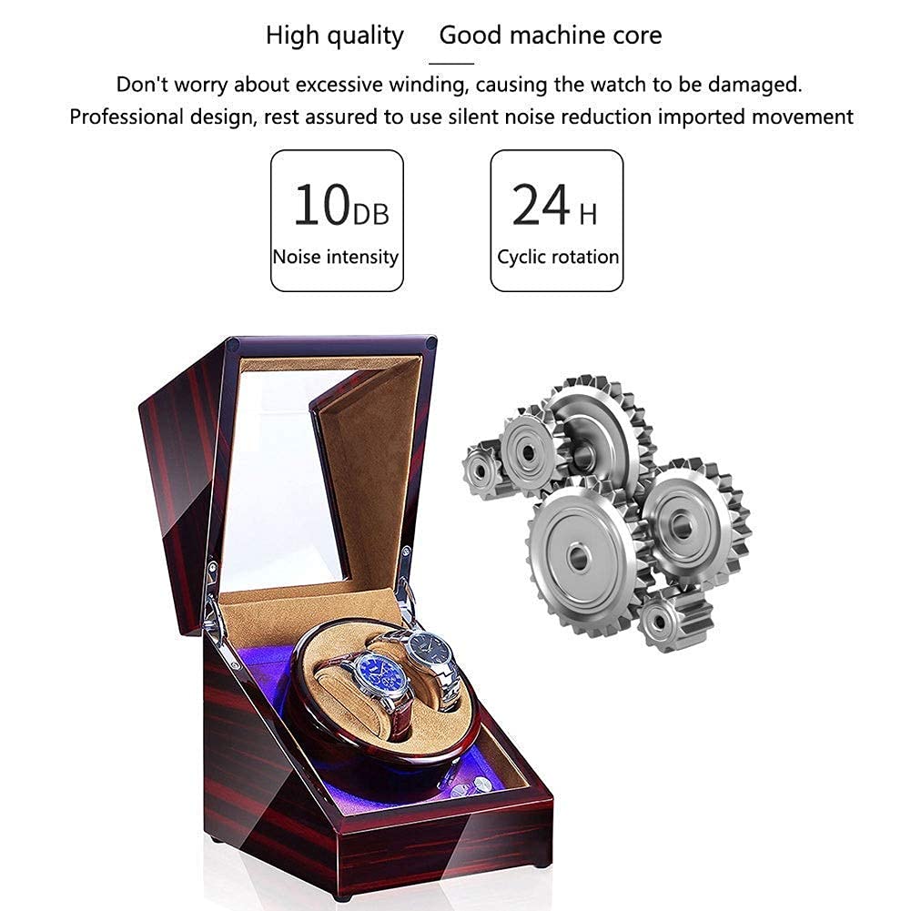 Double Automatic Watch Winder Box LED Switch 5-Speed Adjustment Mode Wooden Luxury Storage Case for 2 Wrist Watches (C)