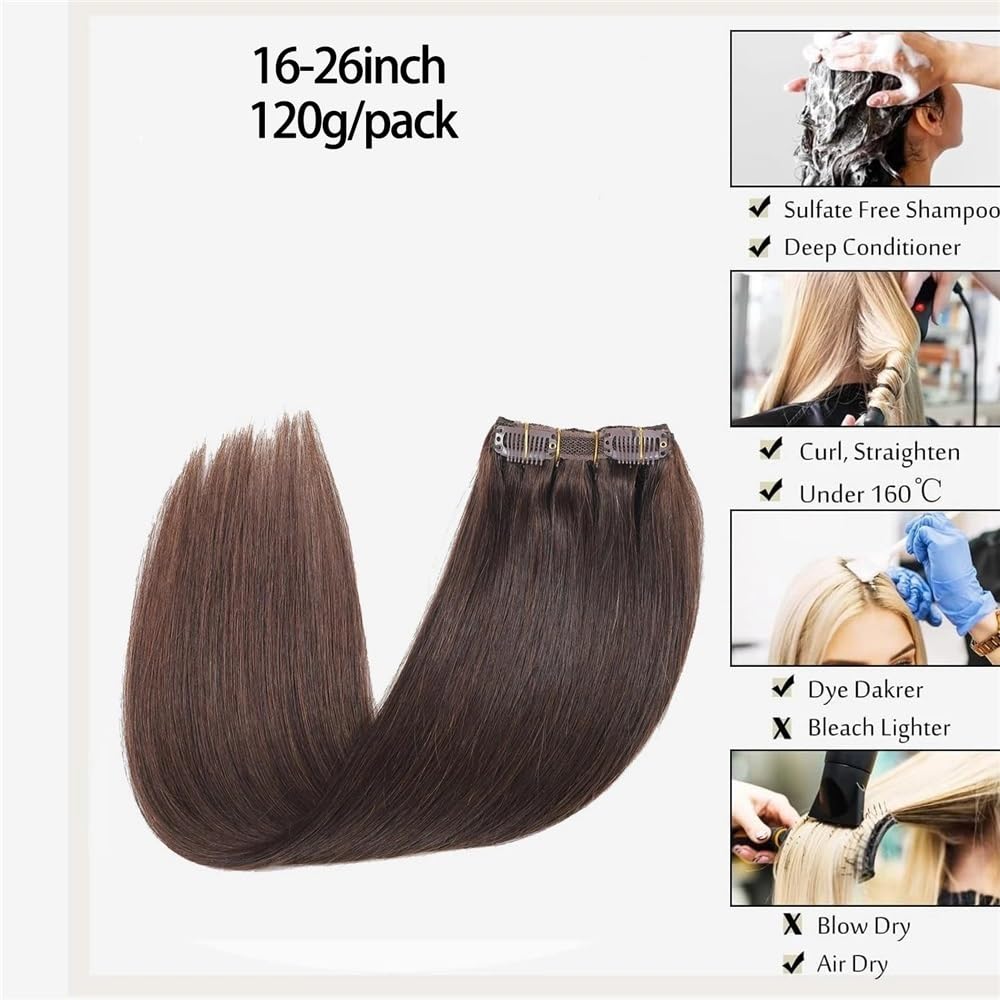 Dopinki do włosów brązowe, prawdziwe włosy, najciemniejsze, 120 g, niewidoczne, zdejmowane, 8 sztuk w zestawie, 35-66 cm