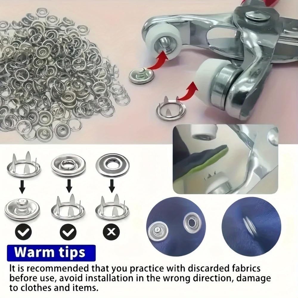 Radhav Mart Premium Snap Buttons Kit - 100 Sets 9.5mm Metal Fasteners Heavy Duty Metal Snap Button Kit with Hand Press Plier - No-Sew Press Studs for Clothing, Hats, Bags, DIY Crafts - Includes Storage Case, Prong Rings & Rivet Buckle Claw 4