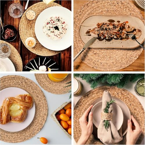Image of Round Woven Placemats Set of 10, Wicker Placemats for Dinner Plates | 12 Inch Natural Rattan Boho Style Braided Place Mats, Non-Slip, Heat Resistant, Dining Table Chargers with Bag for Storage
