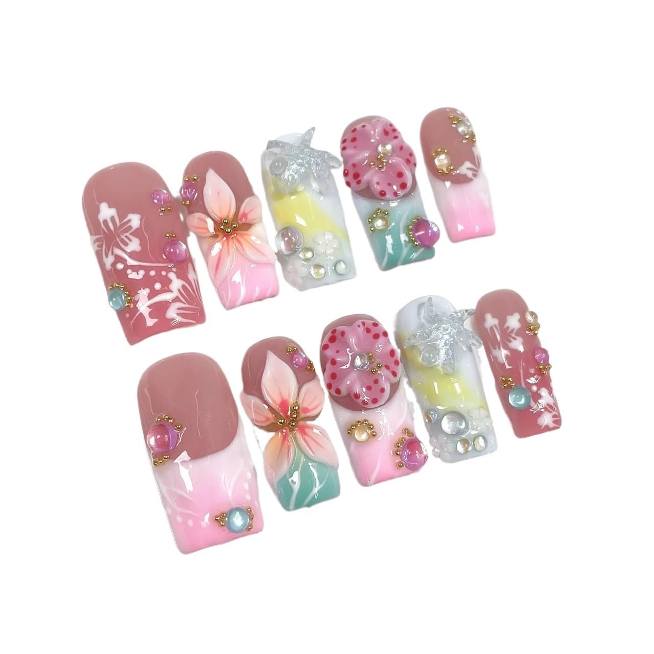 Unghie carine 10 pezzi di stampa francese di fiori verdi 3D fatti a mano sulle unghie, unghie finte adesive, nail art floreale(711 size-L)