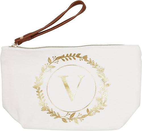 Miniatura 8 de Bolsa de maquillaje personalizada con inicial dorada para mujer, bolsa de cosméticos de lona con monograma, color blanco, Blanco, Dorado, V