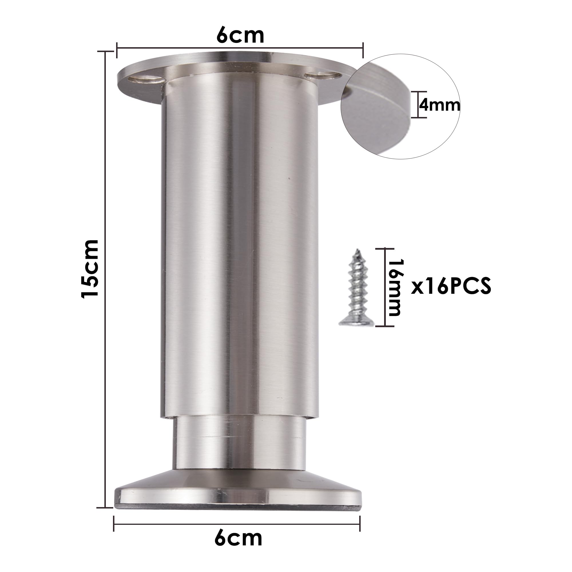 INMOZATA 4 patas de muebles de altura ajustable, 15 cm, patas para muebles con tornillos, patas de metal para armario, sofá, cama, mesa de centro, acero inoxidable cepillado