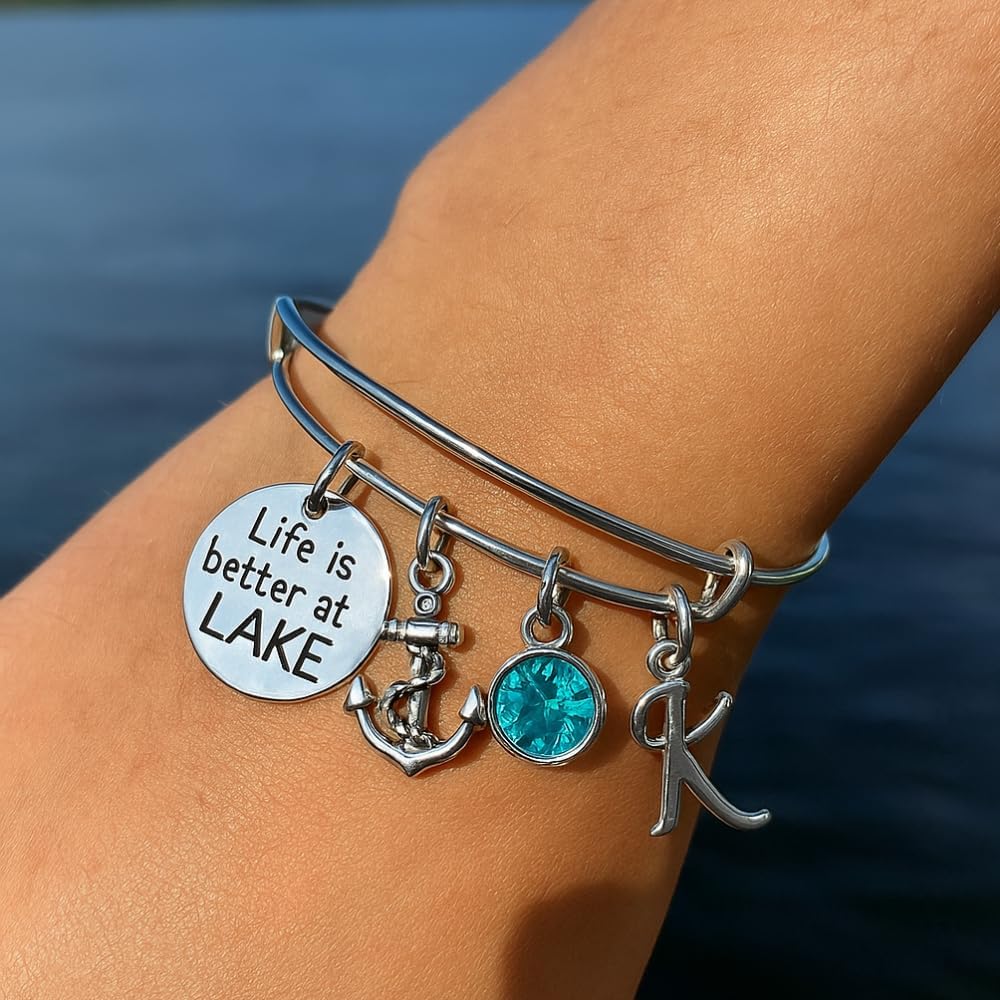 Personalized Life is Better at The Lake Nautical Bracelet with choice of Initial and Birthstone charm, Lake Jewelry, Gift for Lake Girls - Image 2