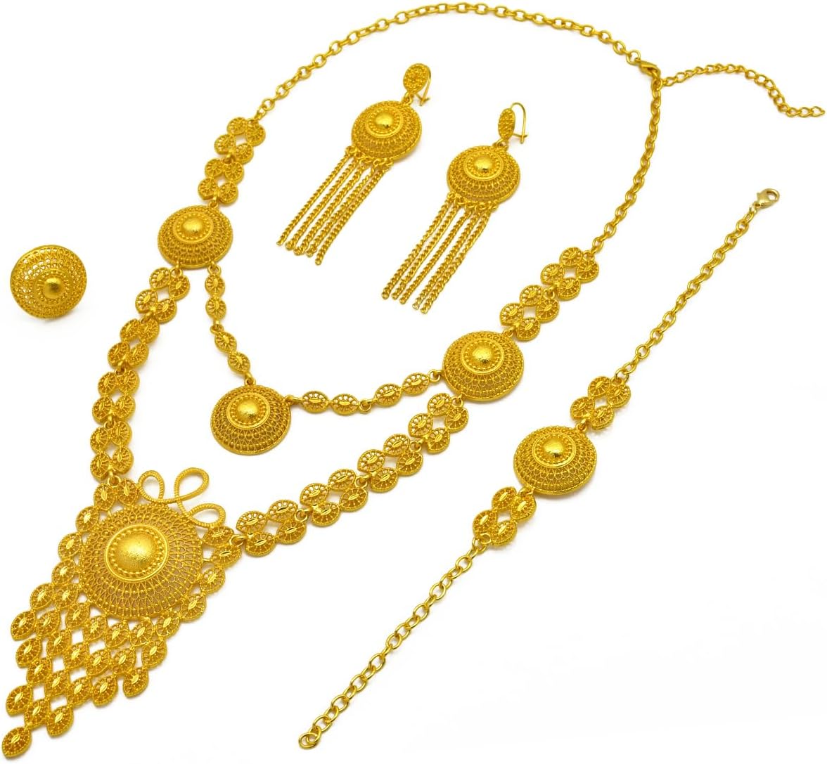 Ethiopian Tassel 24k Gold Plated Jewelry Sets For Women Arabic Wedding Indian Bridal Dubai Necklace Earrings Bracelet Ring Set for Lady Wife Mother