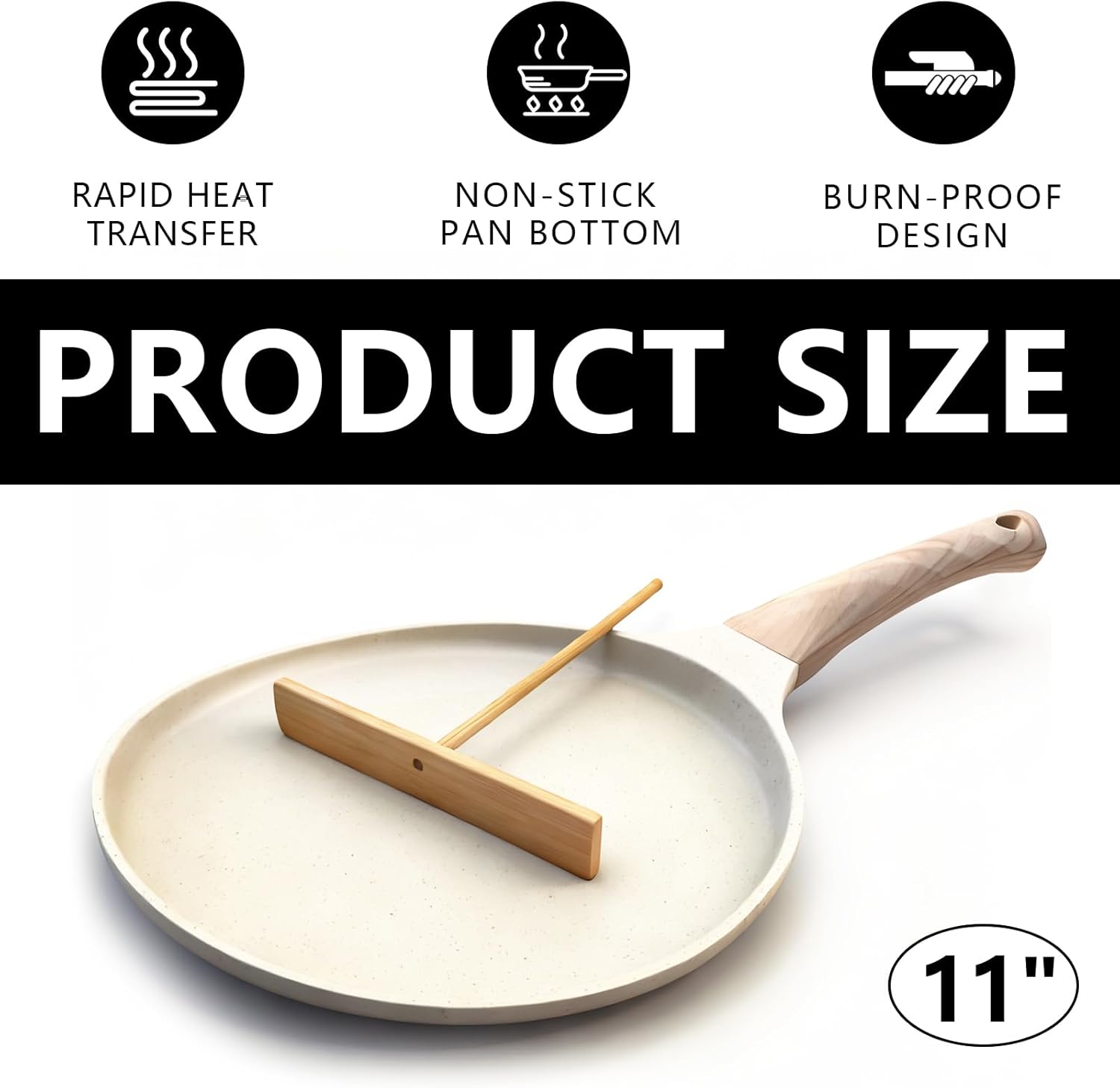 Nonstick Crepe Pan Set, Kitchen Pancake Grill Pan, 11 Inch Granite Coating Flat Skillet Tawa Dosa Tortilla Pans, Pizza Pans, Fry-Pan Compatible with All Stovetops (11 Inch, White)