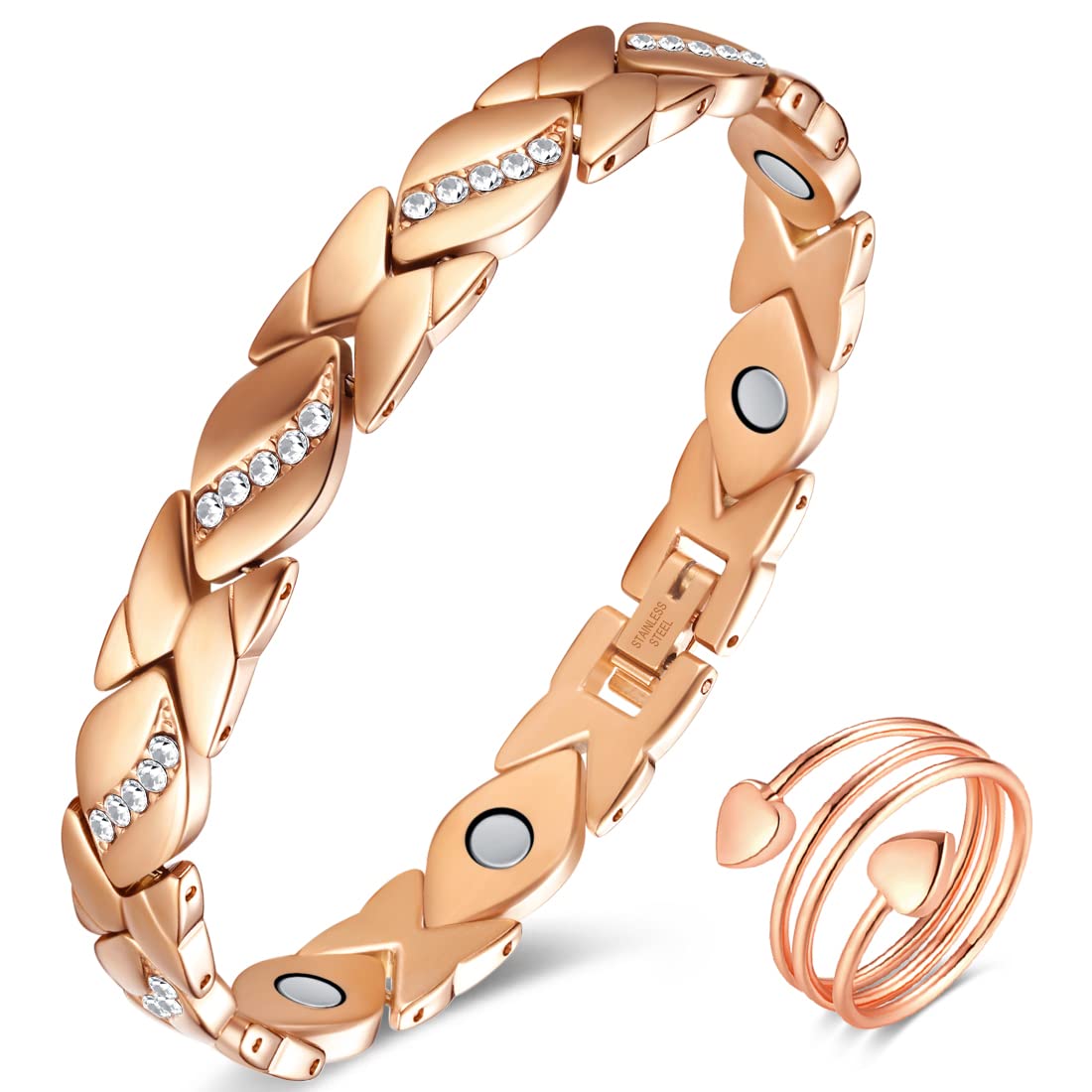 Vicmag Braccialetto magnetico in titanio per drenaggio linfatico, da donna, in acciaio al titanio, con magnete ultra forte, confezione regalo con strumento di rimozione (forma a X di cristallo rosato
