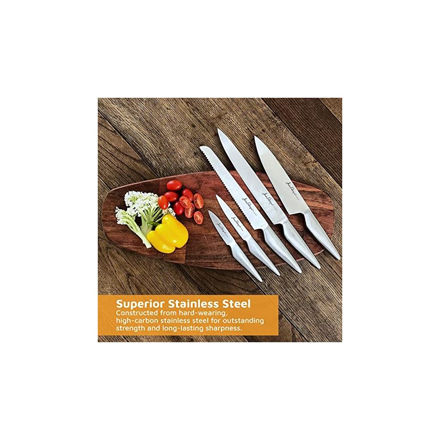 Jean-Patrique Chopaholic Kitchen Knife Set - 5 Knives Set for Kitchen - Stainless Steel Kitchen Knives with Carving Knife, Bread Knife, Chefs Knife, Utility Knife, Paring Knife Set