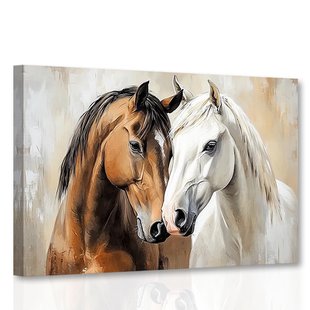 CXHOSTENT Horse Canvas Wall Art Farmhouse Animal Decor Couple Horses Pictures Print Western Landscape Painting Rustic Living Room Decor Framed (60L x 90W cm)