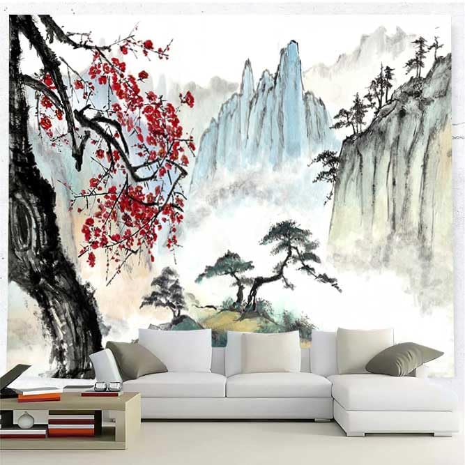 Bcsewcg Arte de pared de anime asiático con flor de cerezo, tapiz de paisaje natural para dormitorio, sala de estar, decoración del hogar (65 x 60