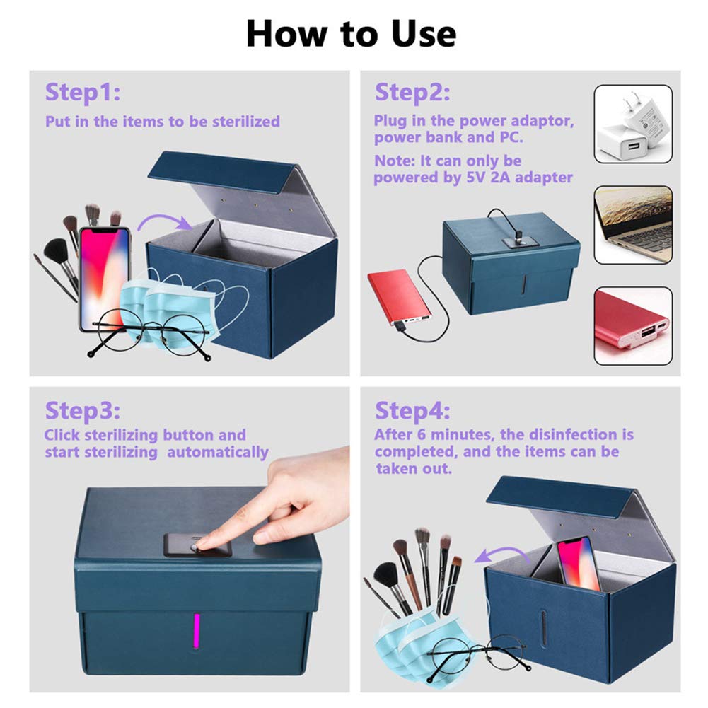 WSHA Recipiente de desinfección con luz Ultravioleta Caja esterilizadora UVC de Cuero portátil Bolsa limpiadora UV-C, para el hogar, el automóvil, los Viajes