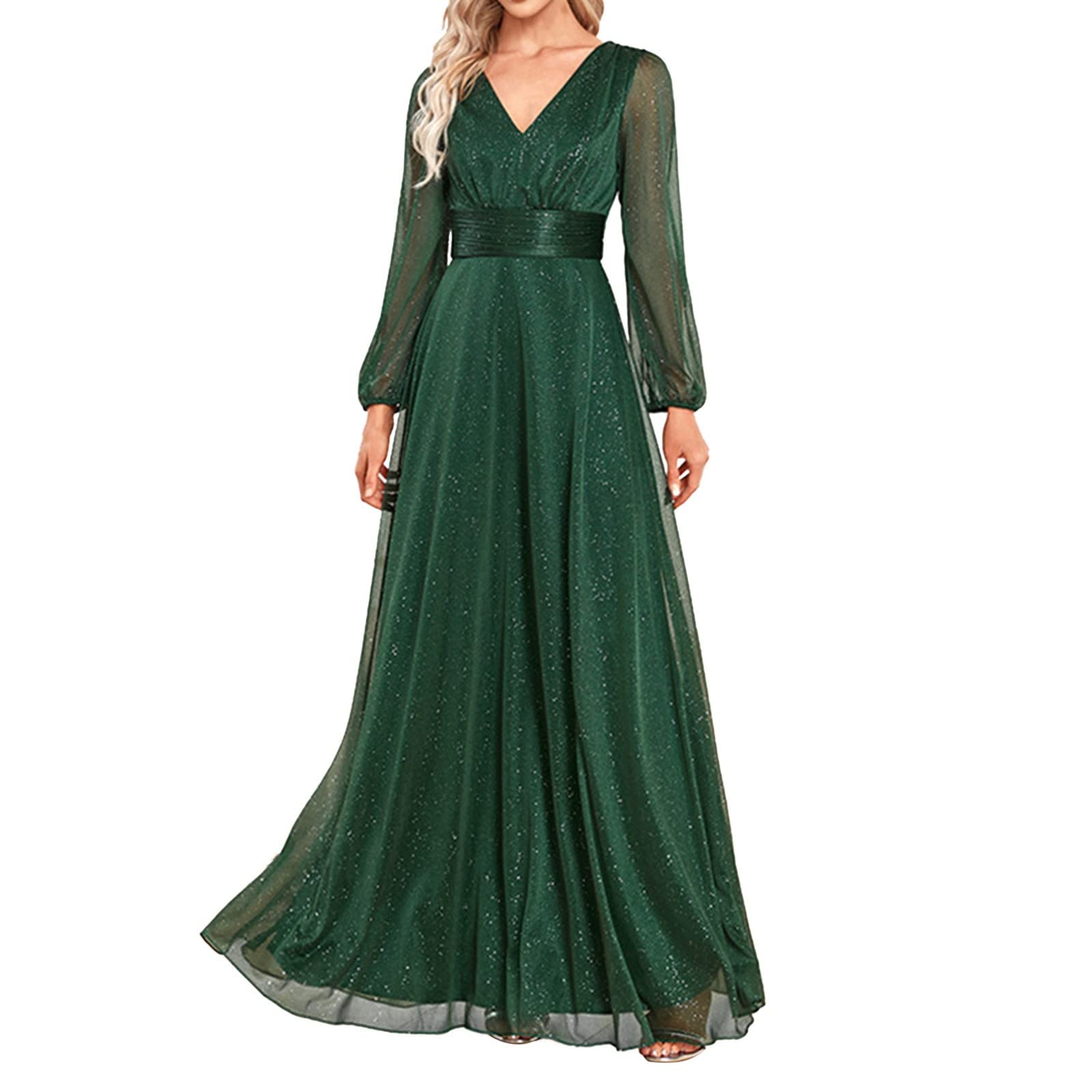 Vestido de noche para mujer, cuello en V, lentejuelas, manga larga, línea A, elegante, de gasa, vestido de fiesta, vestido de cóctel, vestido de otoño, corte ajustado, con cinturón, vestido de baile,