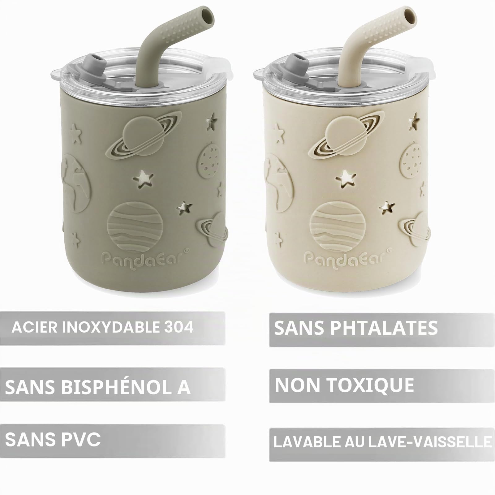 PandaEar Lot De 2 Gobelets Bébé En Acier Inoxydable Avec Couvercles Et Manchons En Silicone | 260 Ml Gobelets Anti-Fuite Avec Paille De Dentition Pour Bébés Et Enfants (Beige & Kaki)