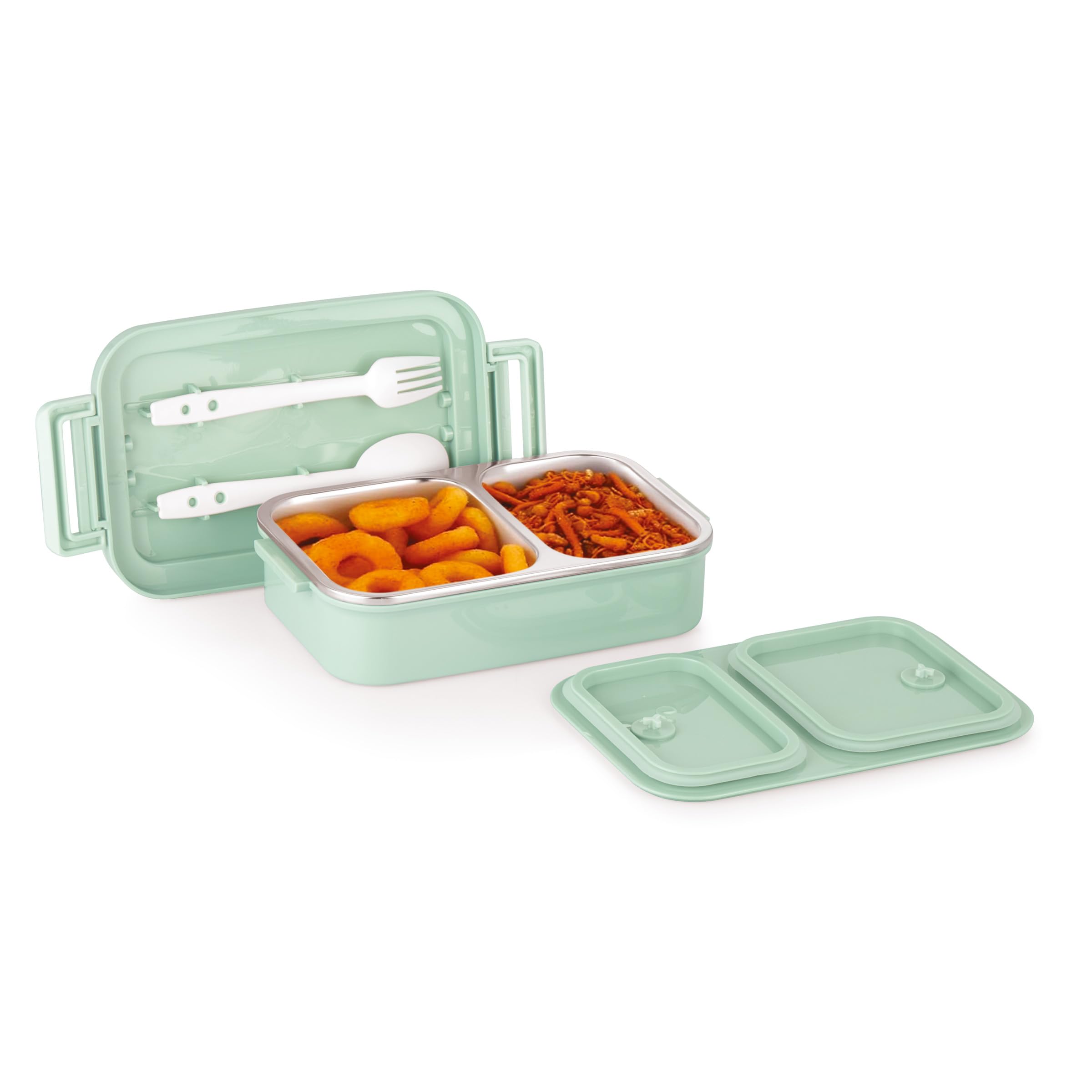 Attro Plastic Taste Buddy Insulated Lunch Box with 2 Compartment&2 Spoons,Stylish Lid with Easy Carrying Handle,1 Seprate Internal Lid Perfect for School,Office-800Ml Mint Green