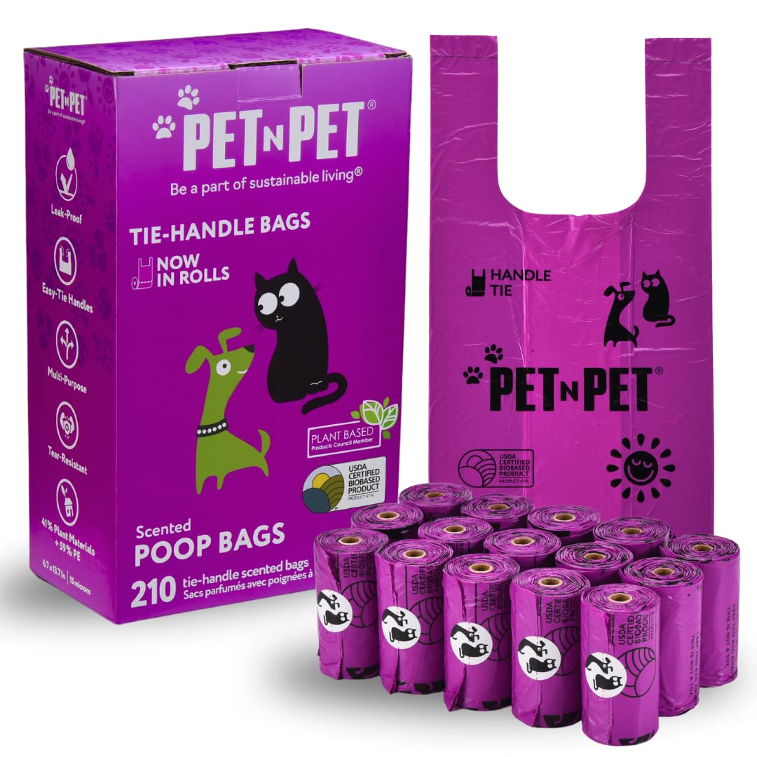PET N PET, Dog Poop Bags on Refill Rolls with Tie Handles USDA 41% Plant-Based Lavender Scented 210 Count