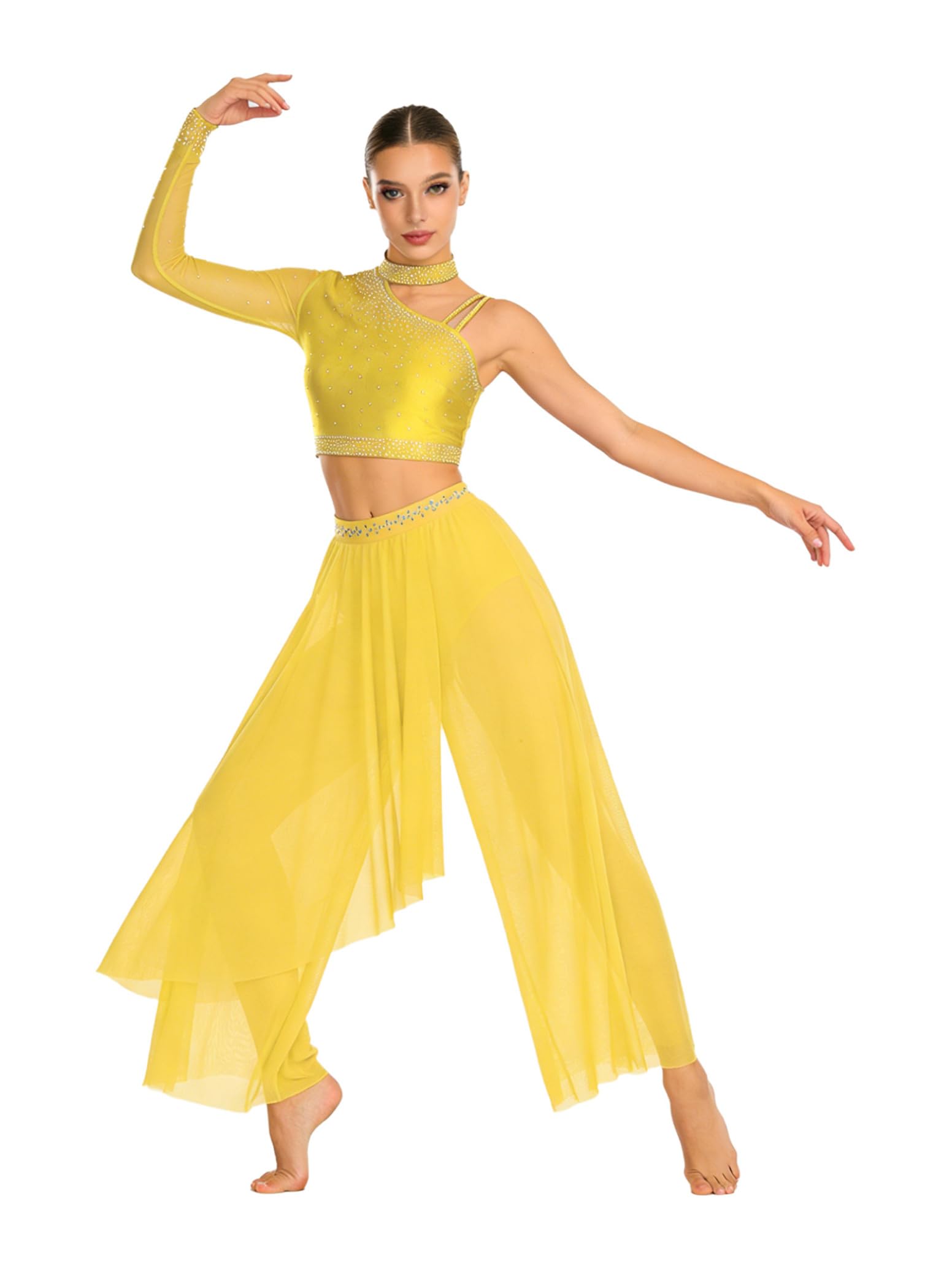 inlzdz Ropa De Baile Lírico De Dos Piezas para Mujer Top Un Hombro + Pantalones De Pierna Ancha Conjundo De Patinaje Artístico