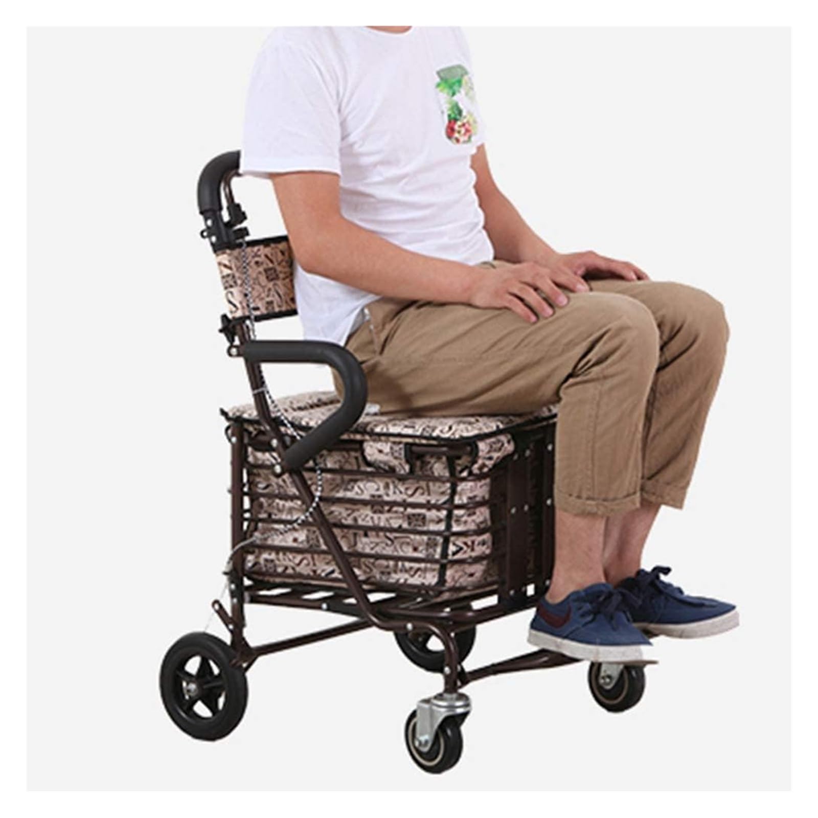 Andador para Ancianos, Andador Rollator, Rodillo de cuatro ruedas de acero con asiento y cesta de la compra, altura ajustable, diseño ligero de seguridad con freno