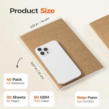 48 Pack Plain Notebooks Bulk A5, 60 Pages Blank Journals, 8.3x5.5 Inches
