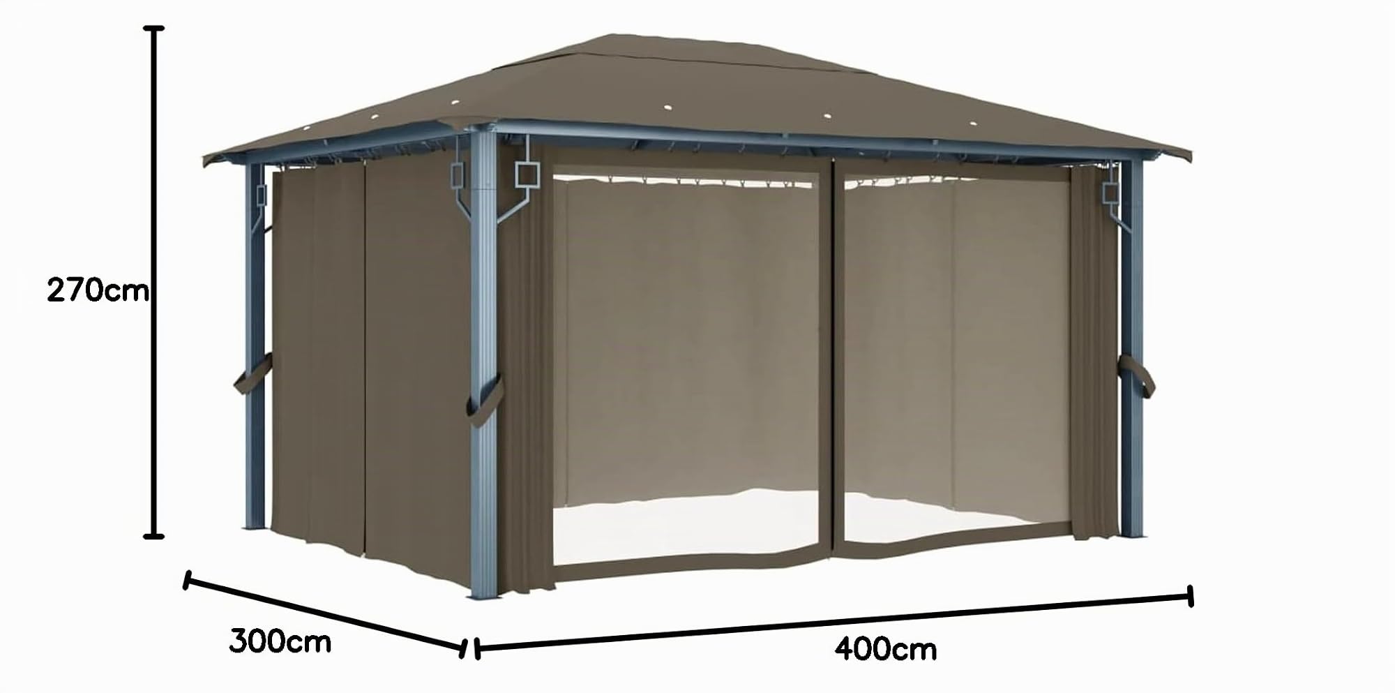 Gecheer Gazebo con Tende e Luci a LED, Gazebo per Esterno, Pergola con Tela, Gazebo da giardino, Gazebo per feste, Gazebo con Zanzariera, Padiglione 4x3m Tortora, Alluminio