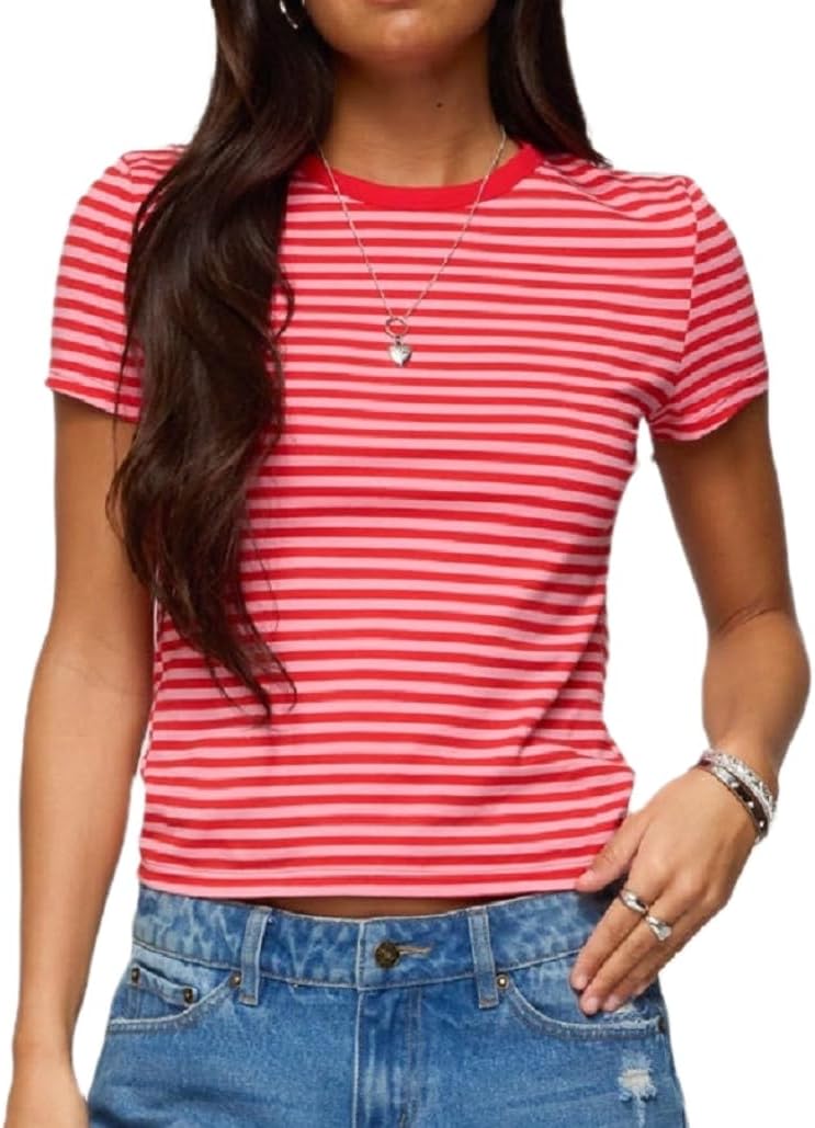 Women Striped Baby Tees Short Sleeve Slim Fit Shirt Vintage Crew Neck Crop Tops Y2k Going Out Top Streetwear