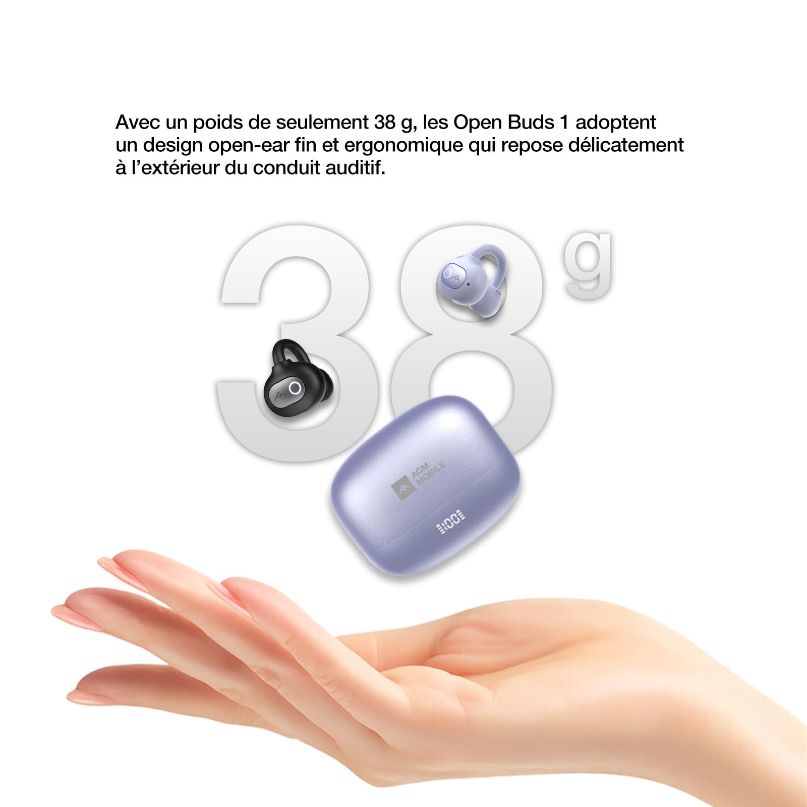 AGM Open Buds 1 Écouteurs Bluetooth 5.4 sans Fil, Design Open-Ear & Micro ENC, Ultraléger sans Douleur aux Oreilles, IPX4 Étanche, Boîtier de Charge USB-C avec Affichage LED, Noir