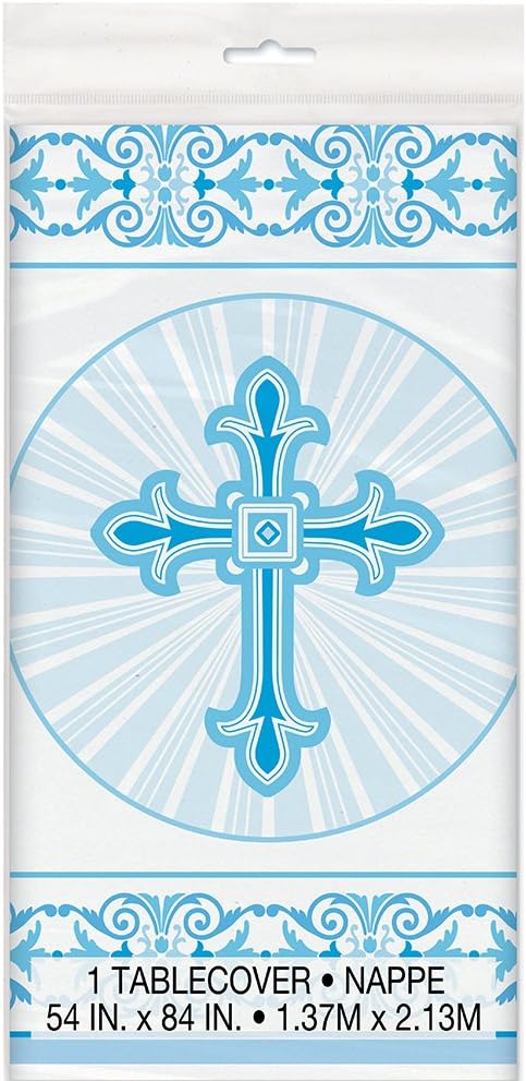 Radiant Cross Blue Religious Plastic Tablecloth, 84" x 54"