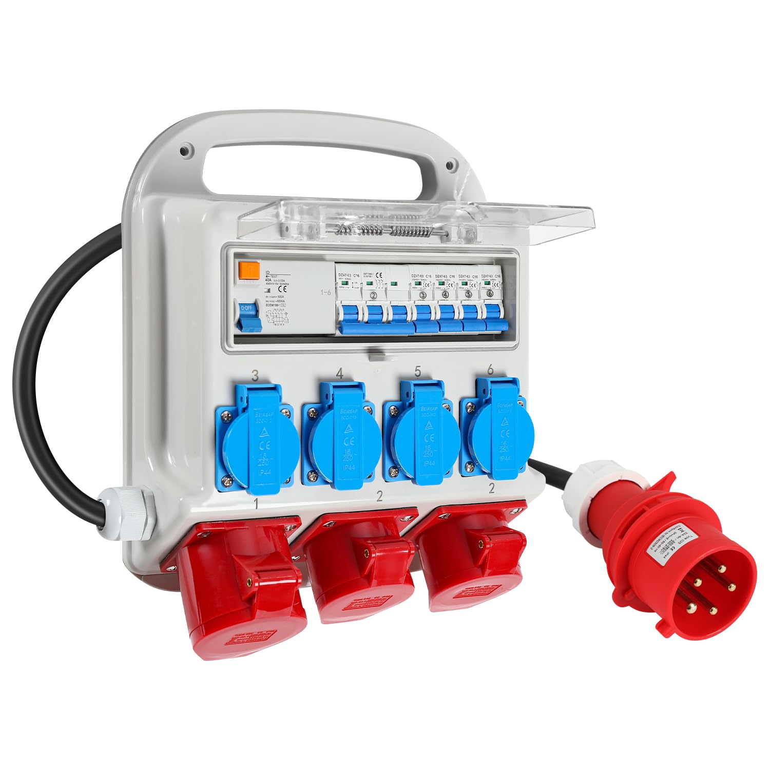 Distributore a parete, 2 x CEE 400 V/16 A + 4 x 230 V Schuko IP44 5 poli, distributore da cantiere 32a, con coperchio a scatto sicuro per cavi, con interruttore RCCB, con cavo da 1,2 m, per