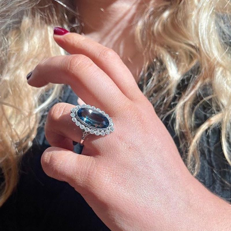 JerMrasra 925 Sterling Silver Ring/Promise Rings for her/Oval Cut Cubic Zirconia Engagement Rings Blue Ring Eternity Ring Cocktail Fashion Ring Solitaire Halo Promise Ring for Women Size 6-10（10）