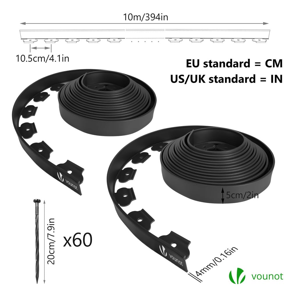 VOUNOT® Bordure de Jardin en Plastique 20 mètres avec 60 Piquets d'ancrage Bordurette de Pelouse Flexible Bordure de Gazon avec piquets Solides Idée de Jardin Hauteur 50mm, Epaisseur 4mm Noir