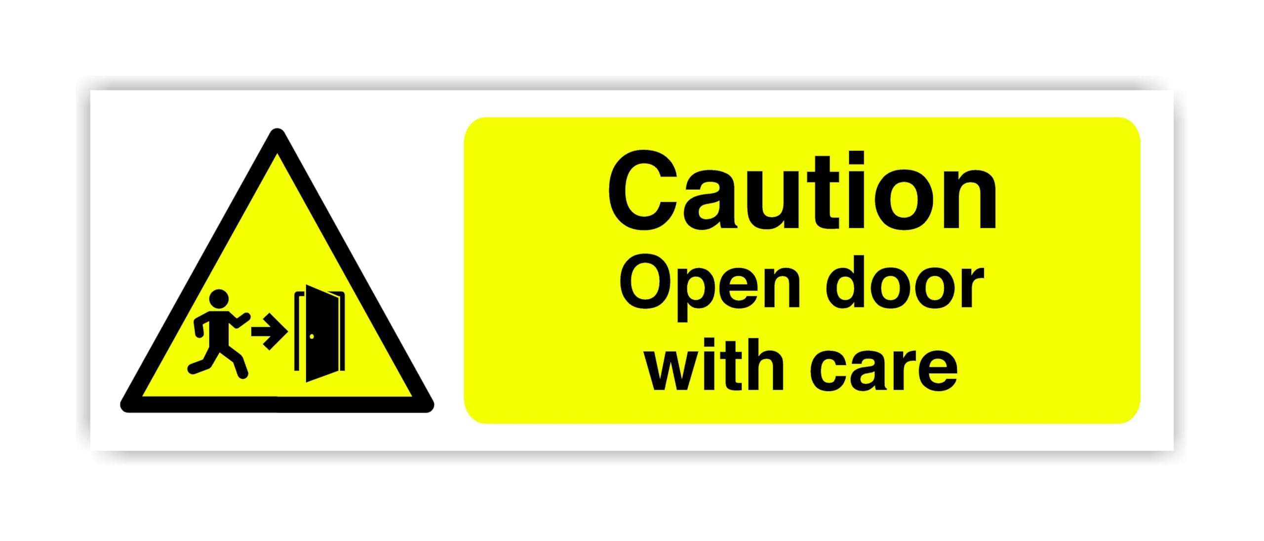 Caution Open Door With Care - safety sign - High tack self-adhesive sticker (600mm x 200mm) Viewing Distance within 14m.