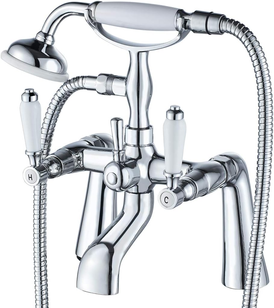Traditional Bathtub Mixer Tap,Luckyhome Victorian Bath Shower Mixer Tap with Hand Held Shower Head Solid Brass Chrome Finish Filler Bath Tap