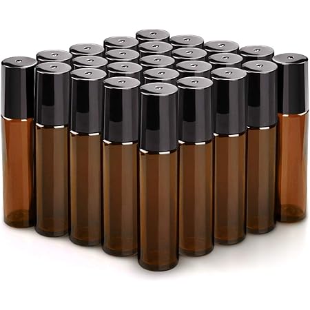sungwoo 25 Pack Essential Oil Roller Bottles, 10ml Amber Glass Roller Bottles with Stainless Steel Roller Balls and Caps for Travel, Perfume and Lip Gloss