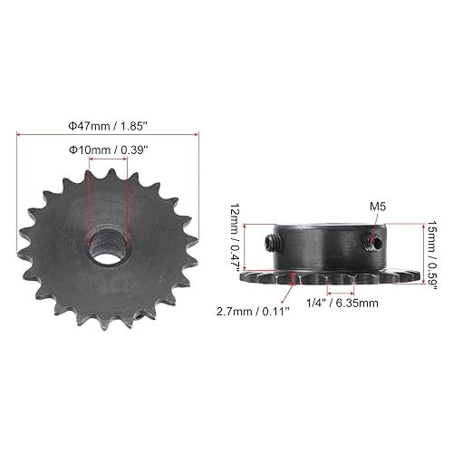 Miniatura 2 de uxcell Piñón de rodillo de 22 dientes tipo B, cadena #25, paso de un solo filamento de 14 pulgadas, orificio de 0.394 in de óxido negro C45 de acero
