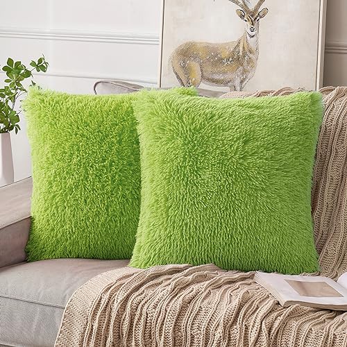 ANRODUO Pack of 2 Grinch Green Throw Pillow Covers Luxury Fluffy Pillows Faux Fur Decorative Pillows Plush Cushion Case Fuzzy Mongolian Merin Style for Bed Couch Living Room Spring Decor 18x18 Inch