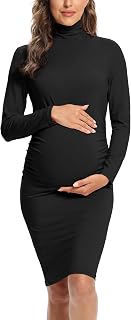 Turtleneck Long Sleeve Maternity Dress Bodycon Slim Midi Fitted Pregnancy Dress Casual Photoshoot Baby Shower