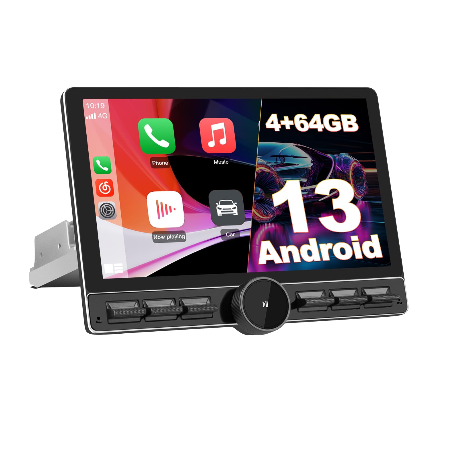 Android 13.0 [4GB+64GB] Radio Coche 1 DIN Universal con Pantalla Táctil Inclinable y Giratoria de 10.6 Pulgadas, Autoradio Admite CarPlay/Android Auto Inalámbrico/WiFi/4G/Bluetooth