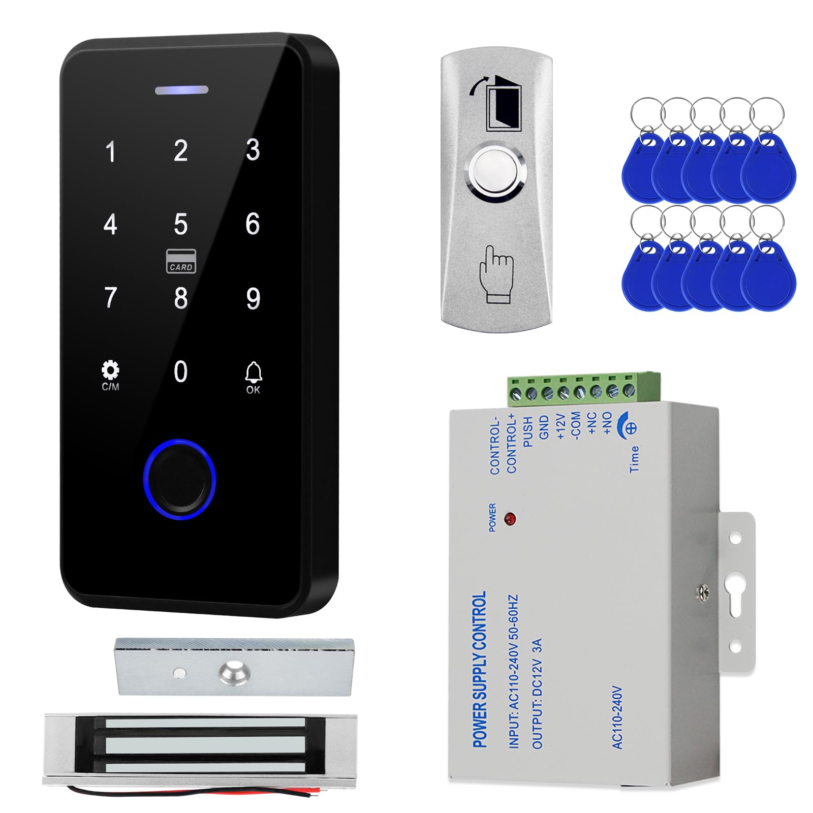 Tuya WiFi Fingerprint Access Control Kit:100FP/8000C/125kHz+13.56MHz/IP68backlit keypad, 180kg Maglock or Small Electric Lock, 10x IC Keyfobs, PSU, Exit Button – Office/Warehouse (180kg)