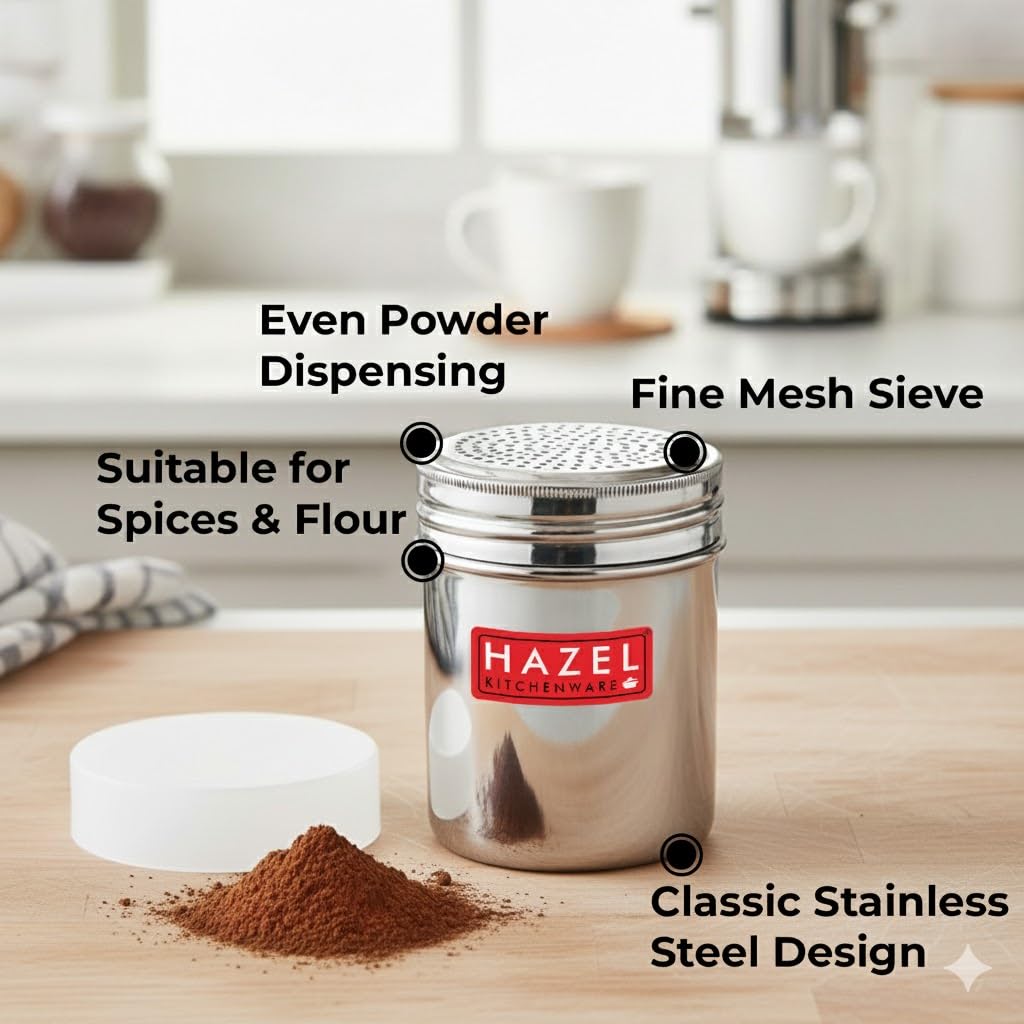 HAZEL Stainless Steel Powder Shaker and Plastic Lid Cap | 310 ml Capacity Dredger Without Handle | Salt and Pepper Cellar Cocoa Chocolate Powder Shaker 2