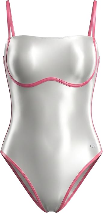 LEOHEX Womens Silky Satin One Piece Swimsuit Premium Nylon Spandex Bodysuit Contrast Piping Leotard Cosplay Swimwear