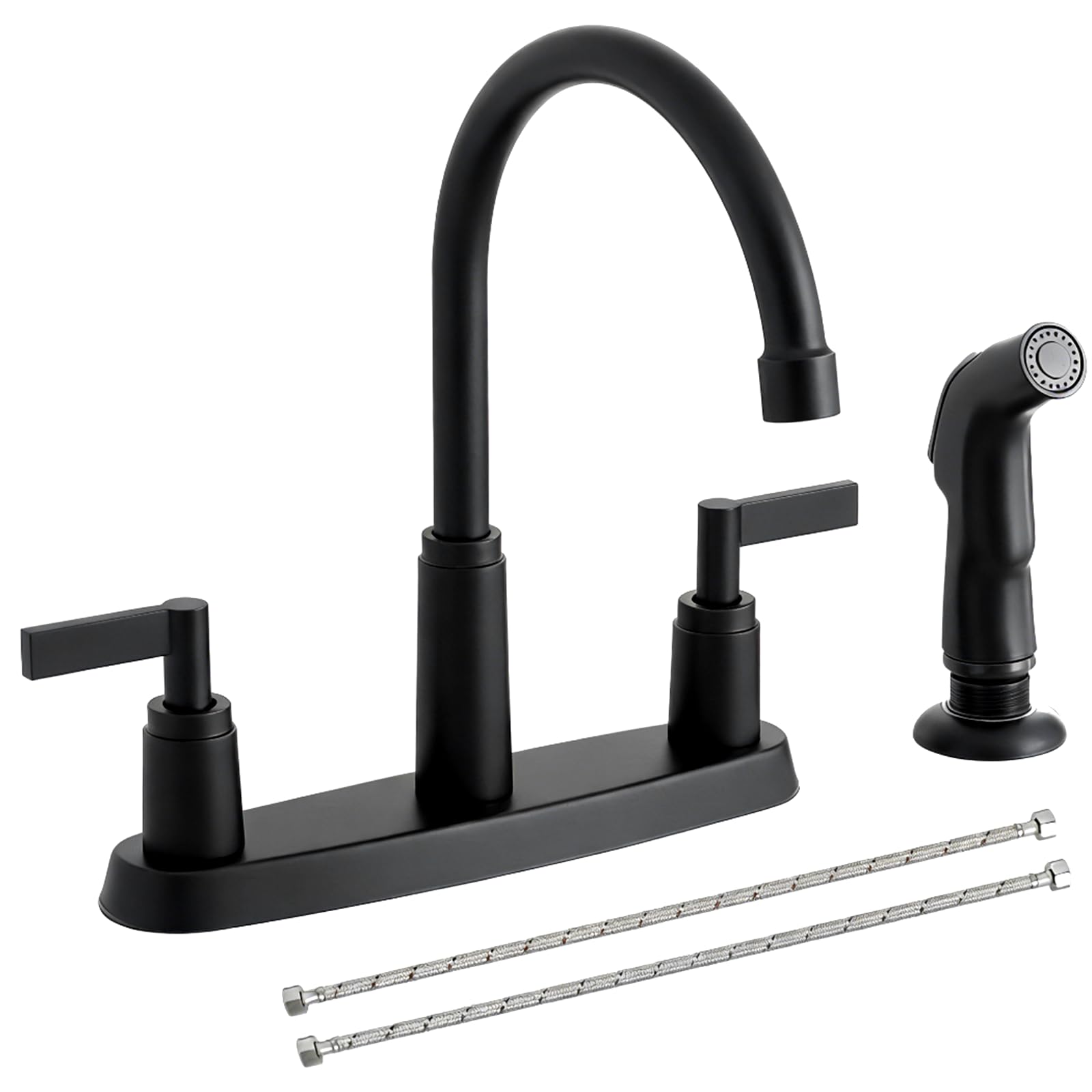Modern 2 Handle Kitchen Sink Faucet with Side Sprayer, High Arc 360 Swivel Stainless Steel 3 or 4 Hole Kitchen Faucet for Rv Camper Laundry Utility Bar Sinks, Matte Black